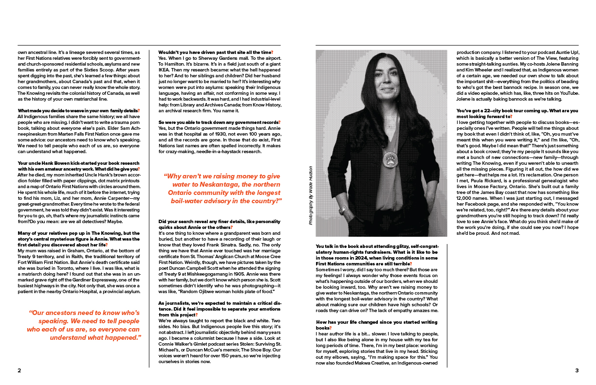 Tanya Talaga editorial layout — two-page editorial spread