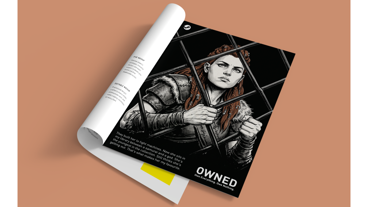 OWNED Steam campaign — print magazine spread mockup featuring an exclusive character