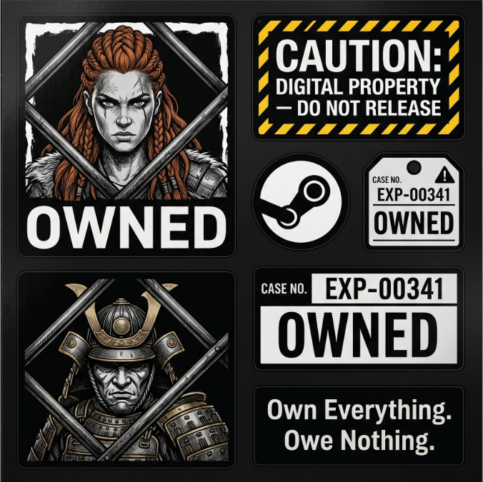 OWNED Steam campaign — branded ownership case-file labels