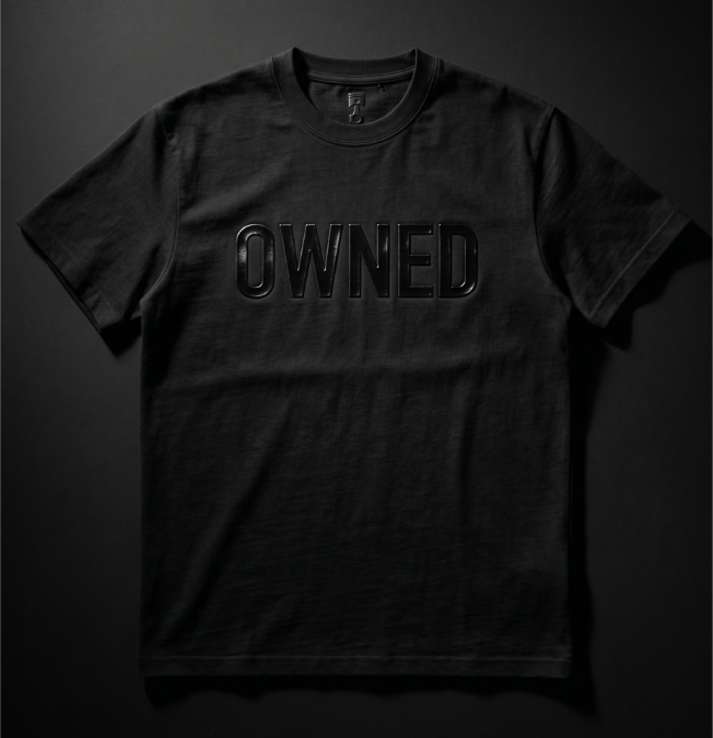 OWNED Steam campaign — tonal black-on-black OWNED merch t-shirt