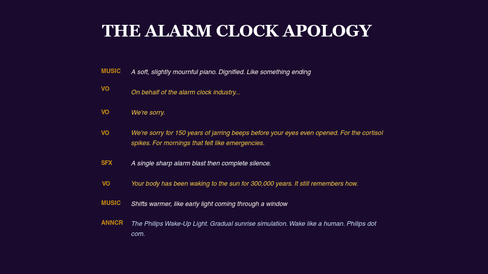 Philips Smart Sleep — radio script: The Alarm Clock Apology