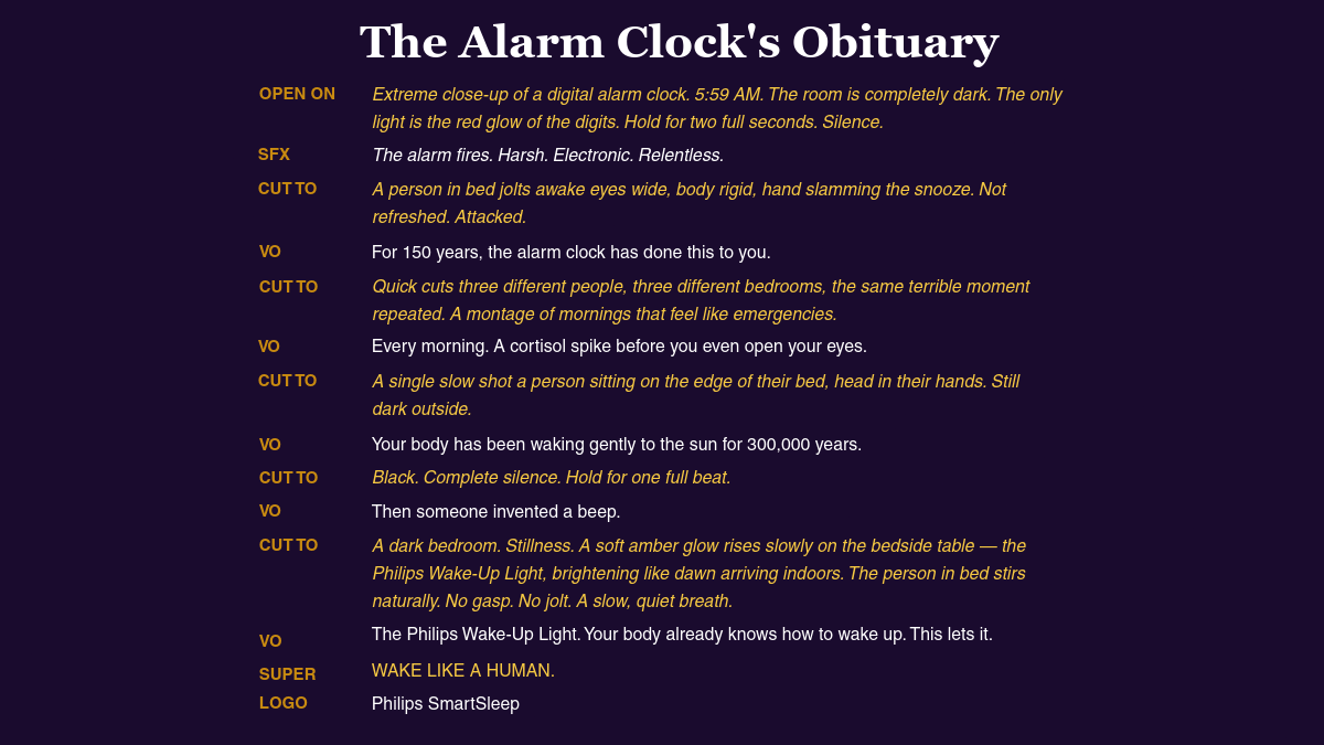 Philips Smart Sleep — radio script: The Alarm Clock's Obituary