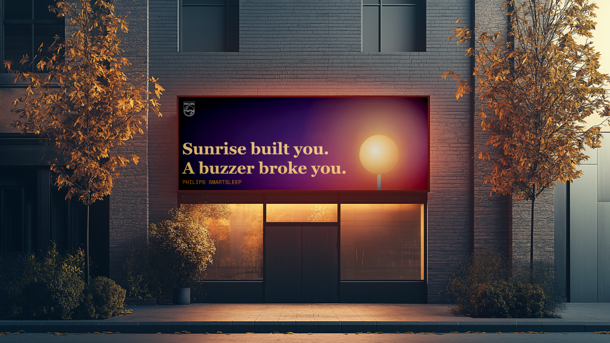Philips Smart Sleep — billboard mockup: Sunrise built you. A buzzer broke you.