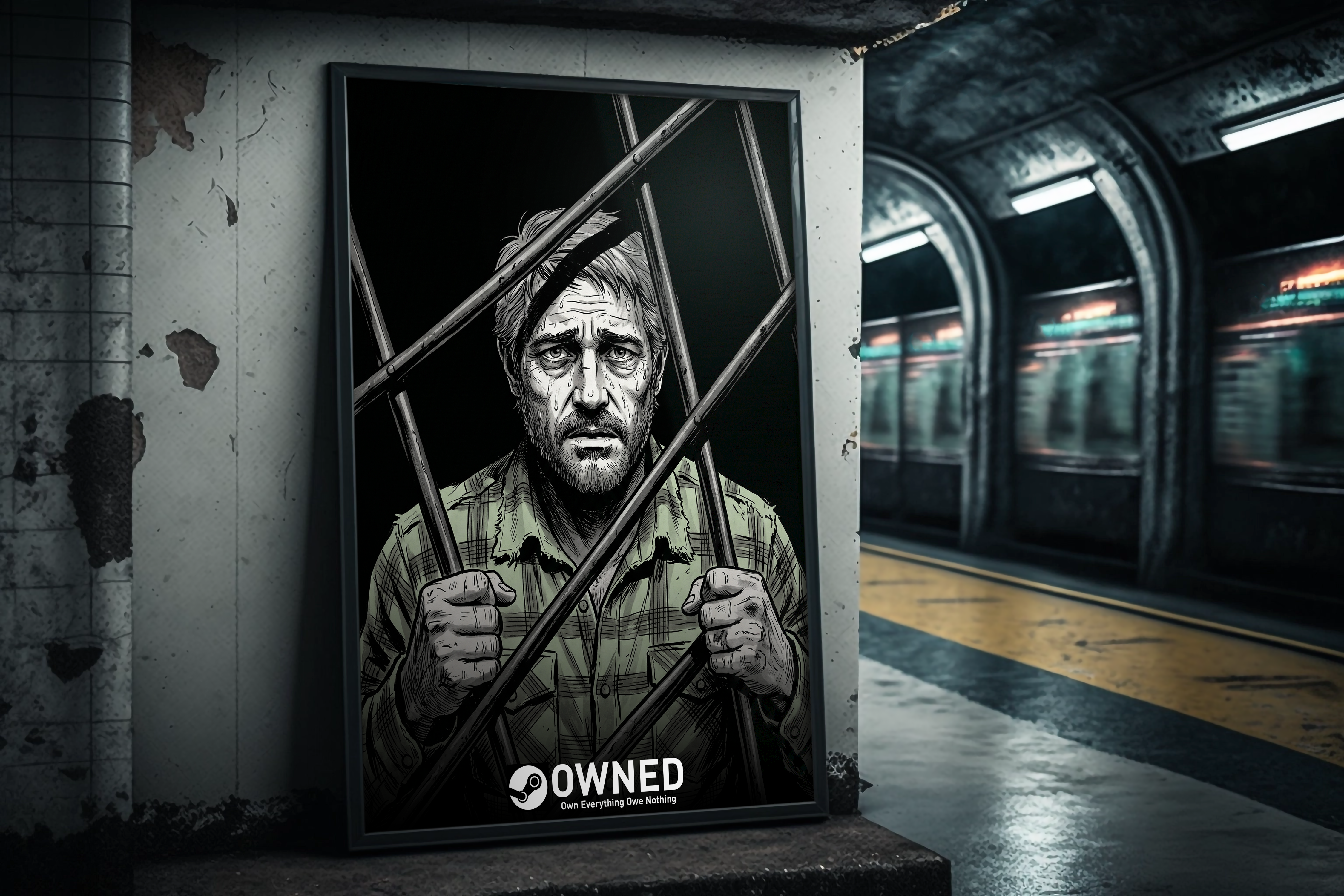 OWNED Steam campaign — subway platform poster featuring a caged exclusive character