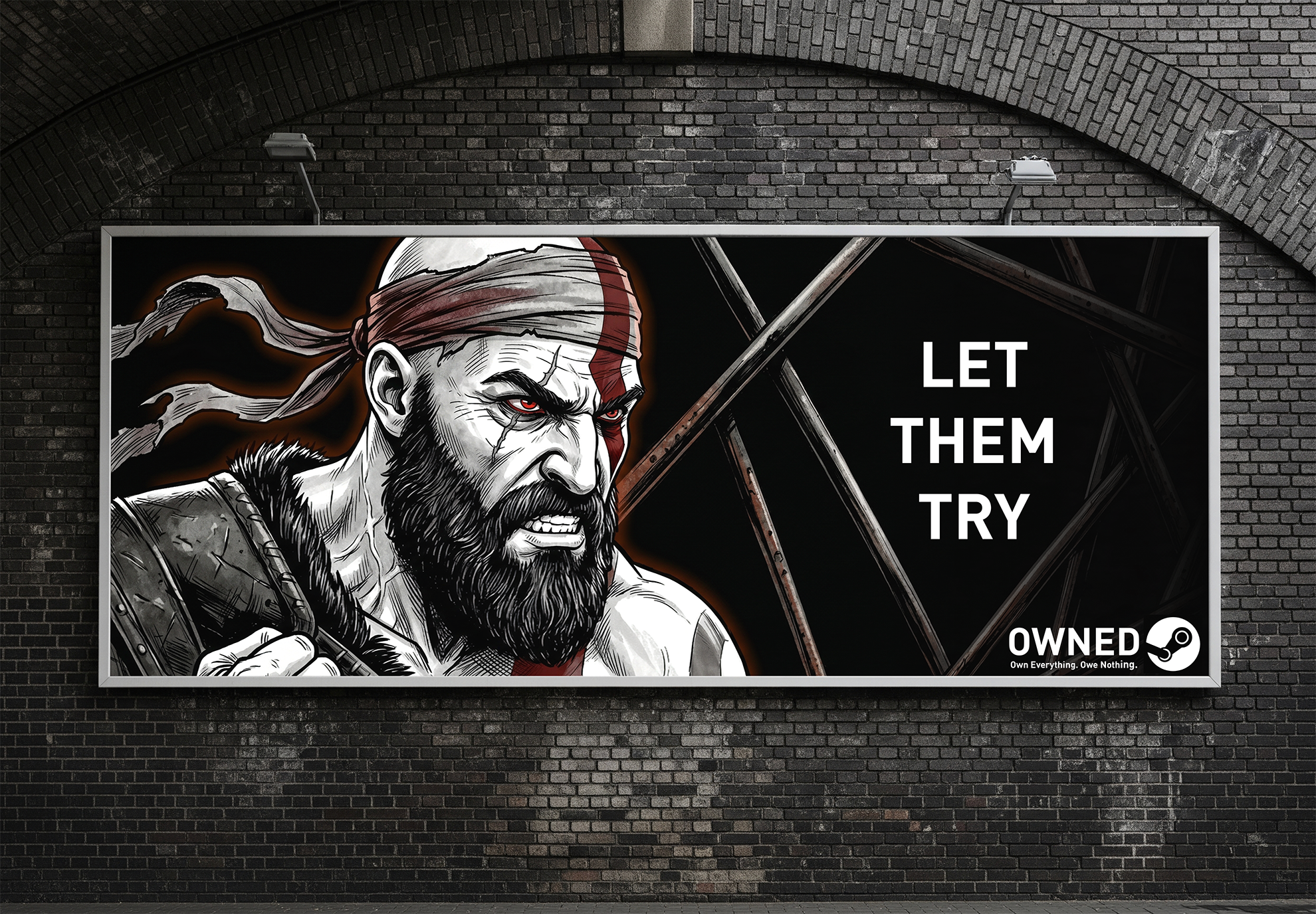 OWNED Steam campaign — OOH billboard featuring an exclusive character behind cage bars