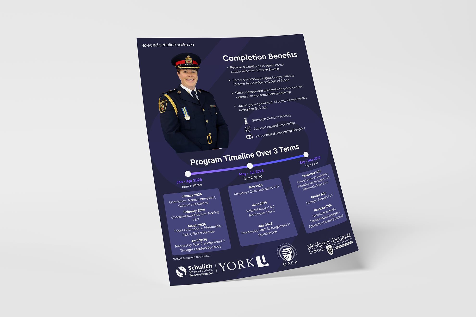Schulich ExecEd brochure — angled printed mockup on a desk