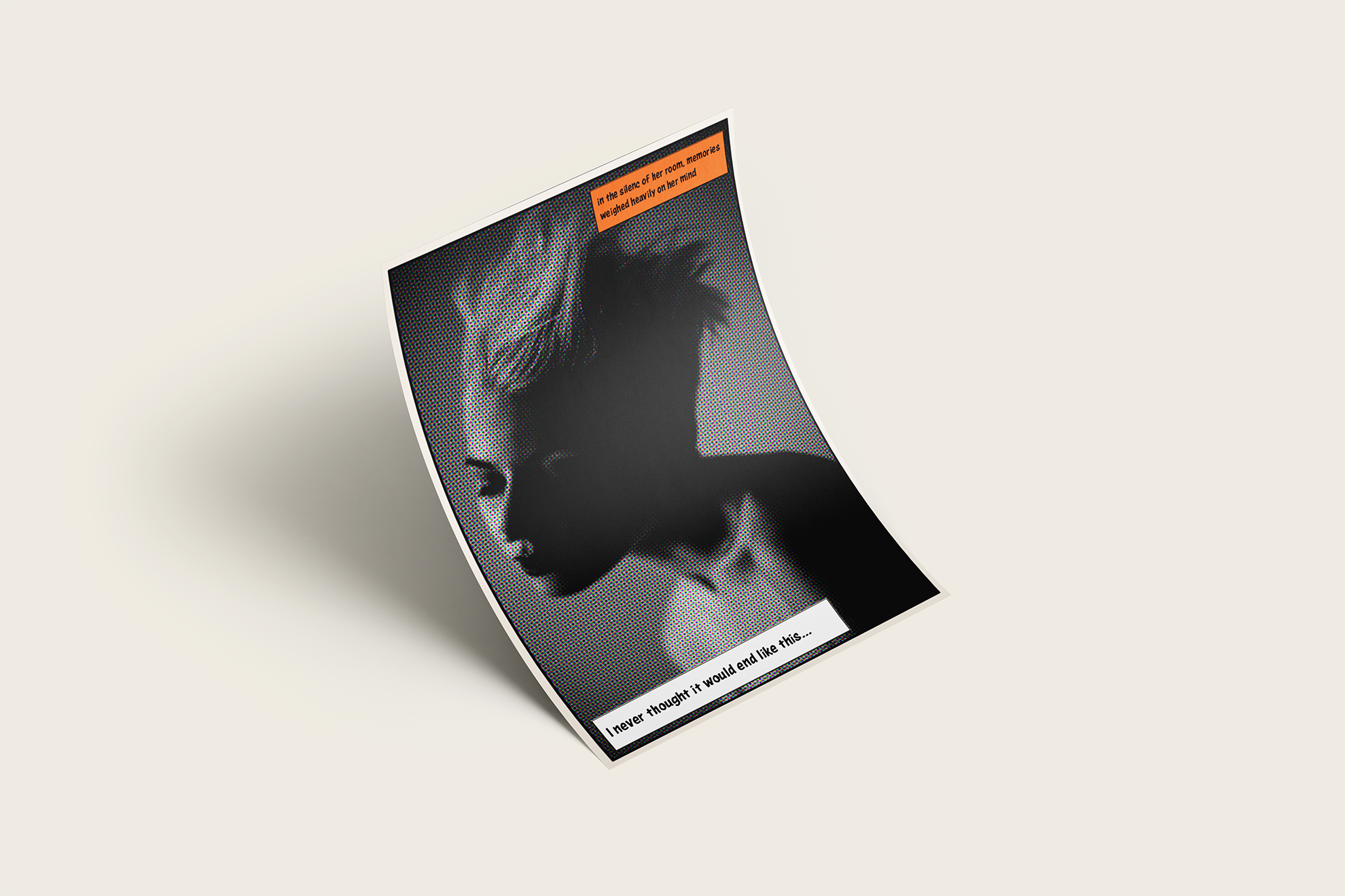 Photo to comic transformation — printed render mockup